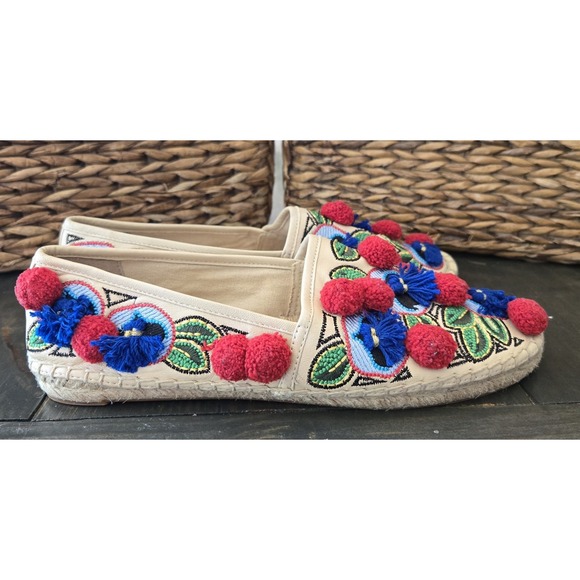 Tory Burch Shoes - TORY BURCH Ellis Pom-pom Embroidered Leather Textile Espadrille Flats 7.5 Shoes